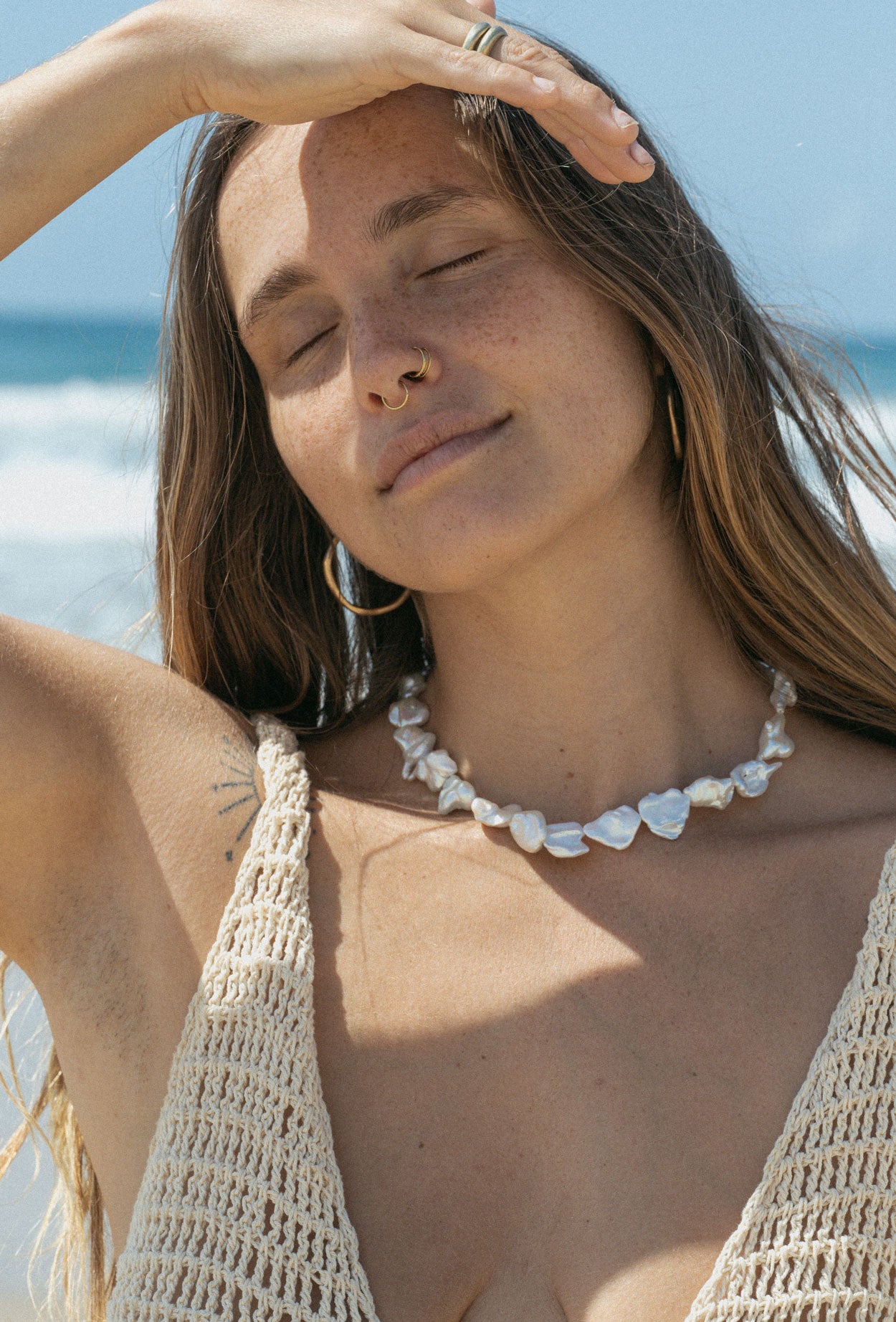 Le Luna necklace by Soula Temple, featuring AA & AAA Keshi, baroque, and coin freshwater pearls on adjustable 14–16″ length
