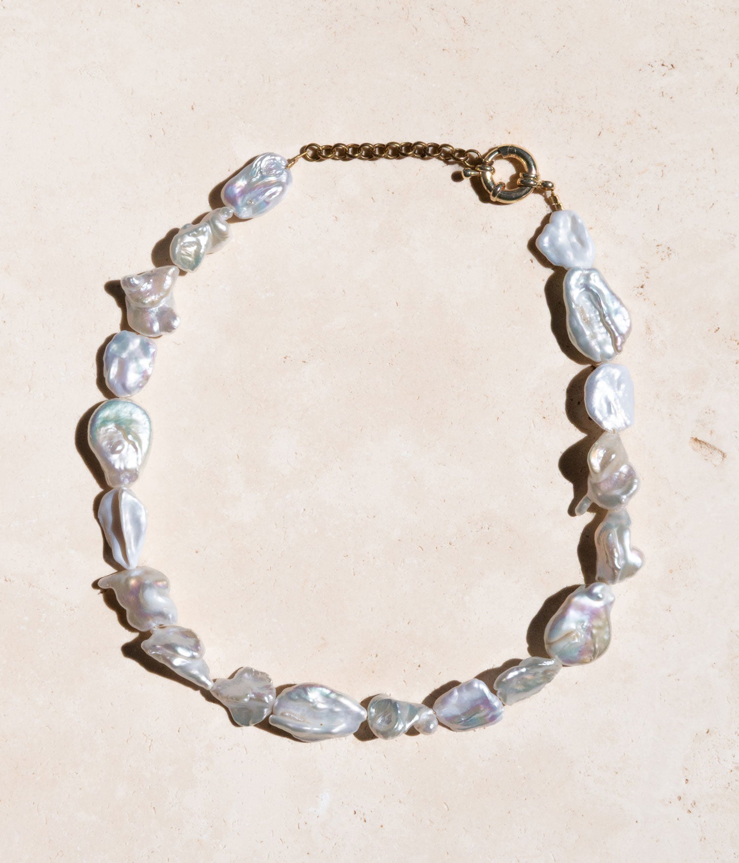 Le Luna necklace by Soula Temple, featuring AA & AAA Keshi, baroque, and coin freshwater pearls on adjustable 14–16″ length
