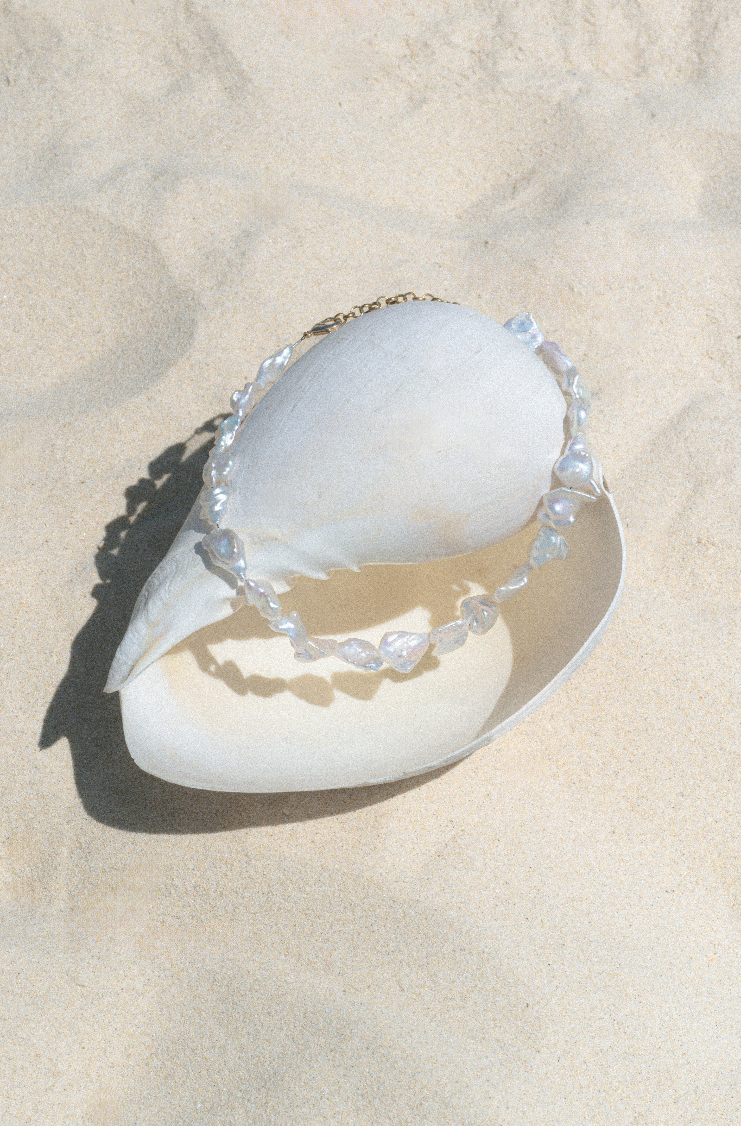 Le Luna necklace by Soula Temple, featuring AA & AAA Keshi, baroque, and coin freshwater pearls on adjustable 14–16″ length