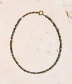 Sea Moss limited-edition necklace by Soula Temple with brass, agate, and chrysocolla on adjustable 18″ FlexWire
