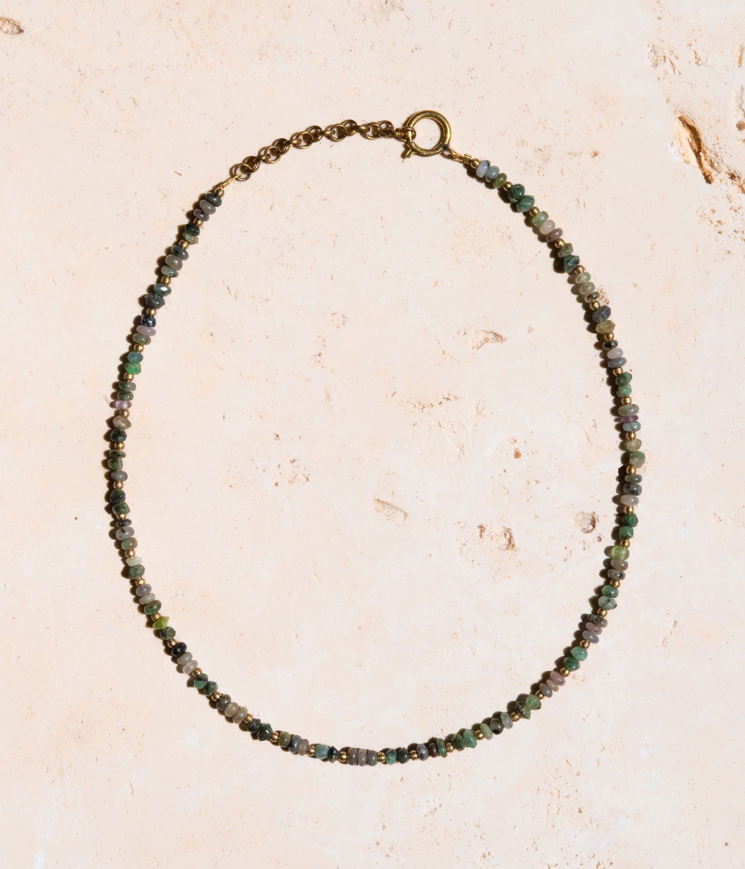 Sea Moss limited-edition necklace by Soula Temple with brass, agate, and chrysocolla on adjustable 18″ FlexWire
